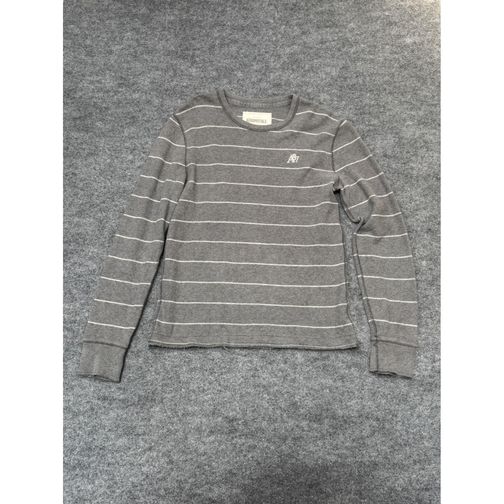 Aeropostale Mens Large Gray Striped Waffle Knit Thermal Long Sleeve Shirt Cotton